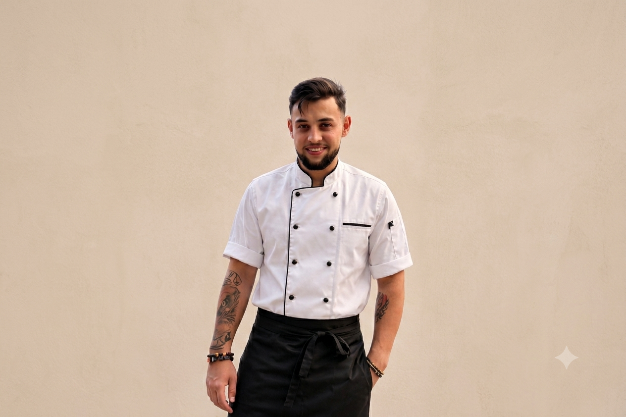 Le chef de Greeno en veste de cuisine